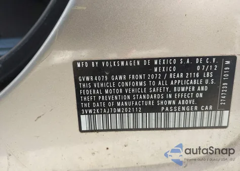 2013 Volkswagen Jetta 2.0L S из США, поврежденный, VIN 3VW2K7AJ7DM202112